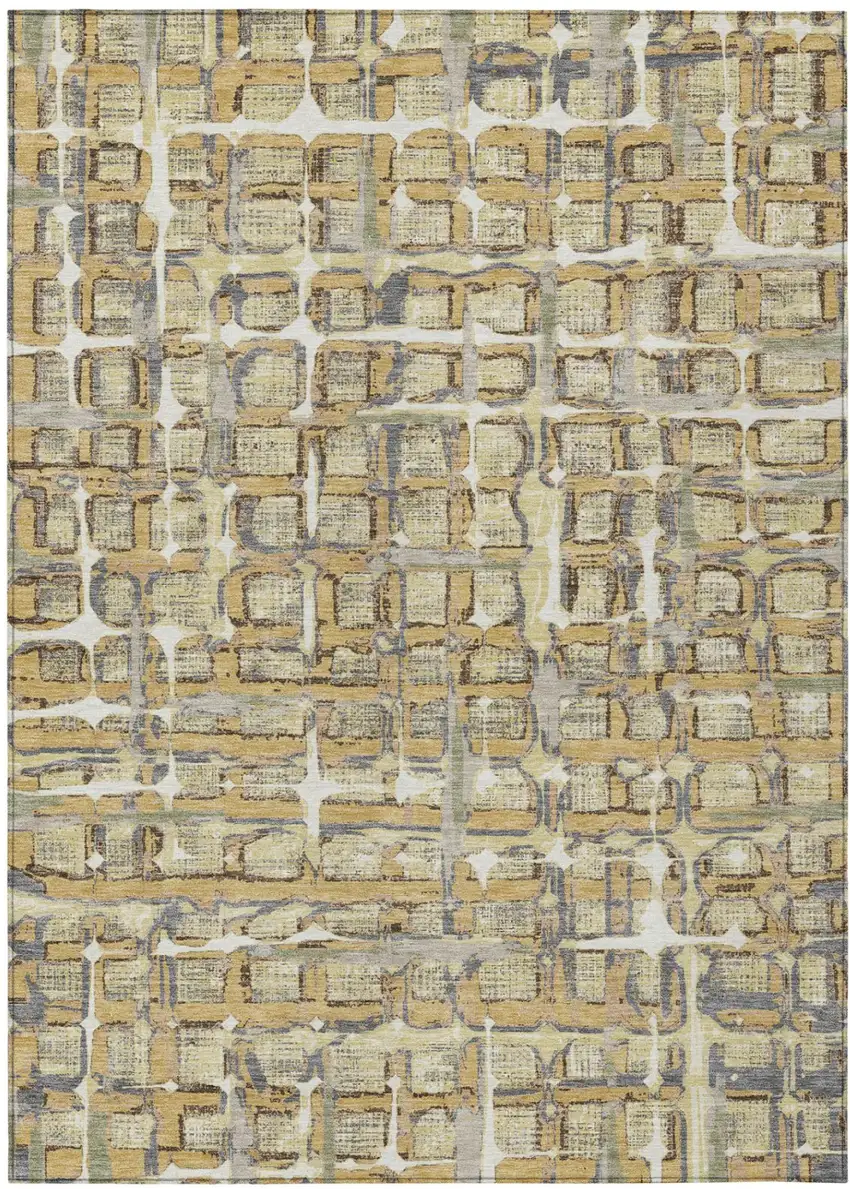 Wheat And Gold Geometric Washable Indoor Outdoor Area Rug Photo 2