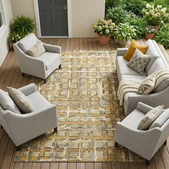 Wheat And Gold Geometric Washable Indoor Outdoor Area Rug Photo 1