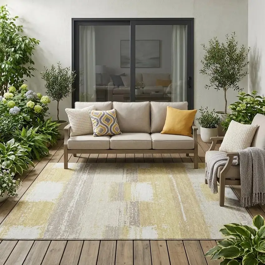 Wheat And Gold Geometric Washable Indoor Outdoor Area Rug Photo 1