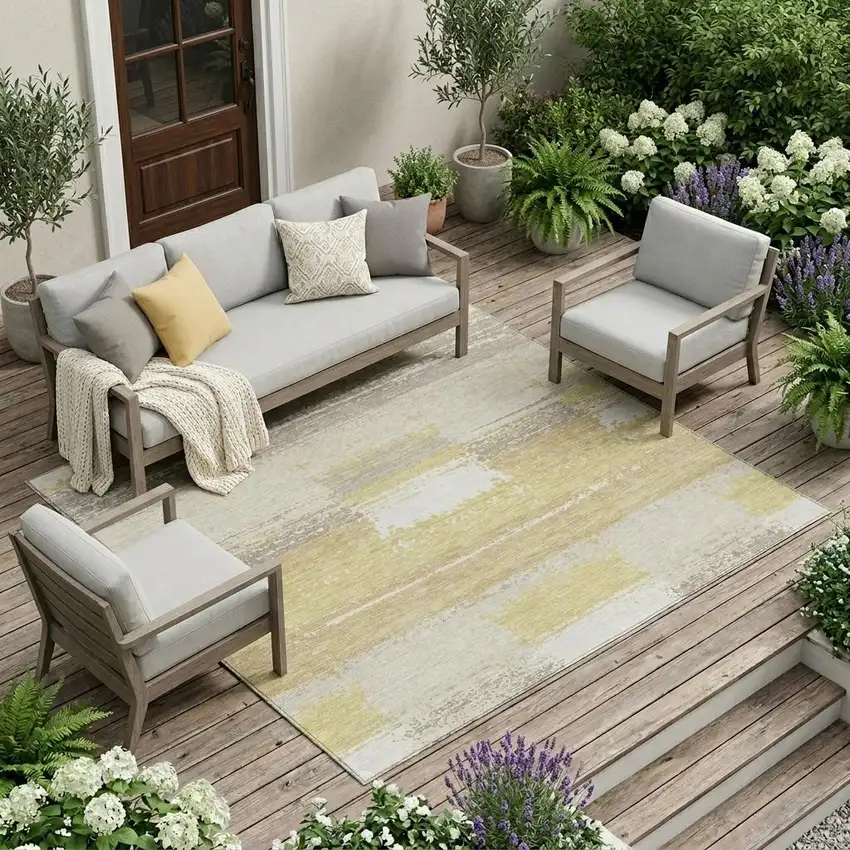 Wheat And Gold Geometric Washable Indoor Outdoor Area Rug Photo 1