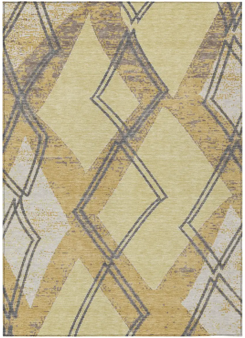 Wheat And Gold Geometric Washable Indoor Outdoor Area Rug Photo 2