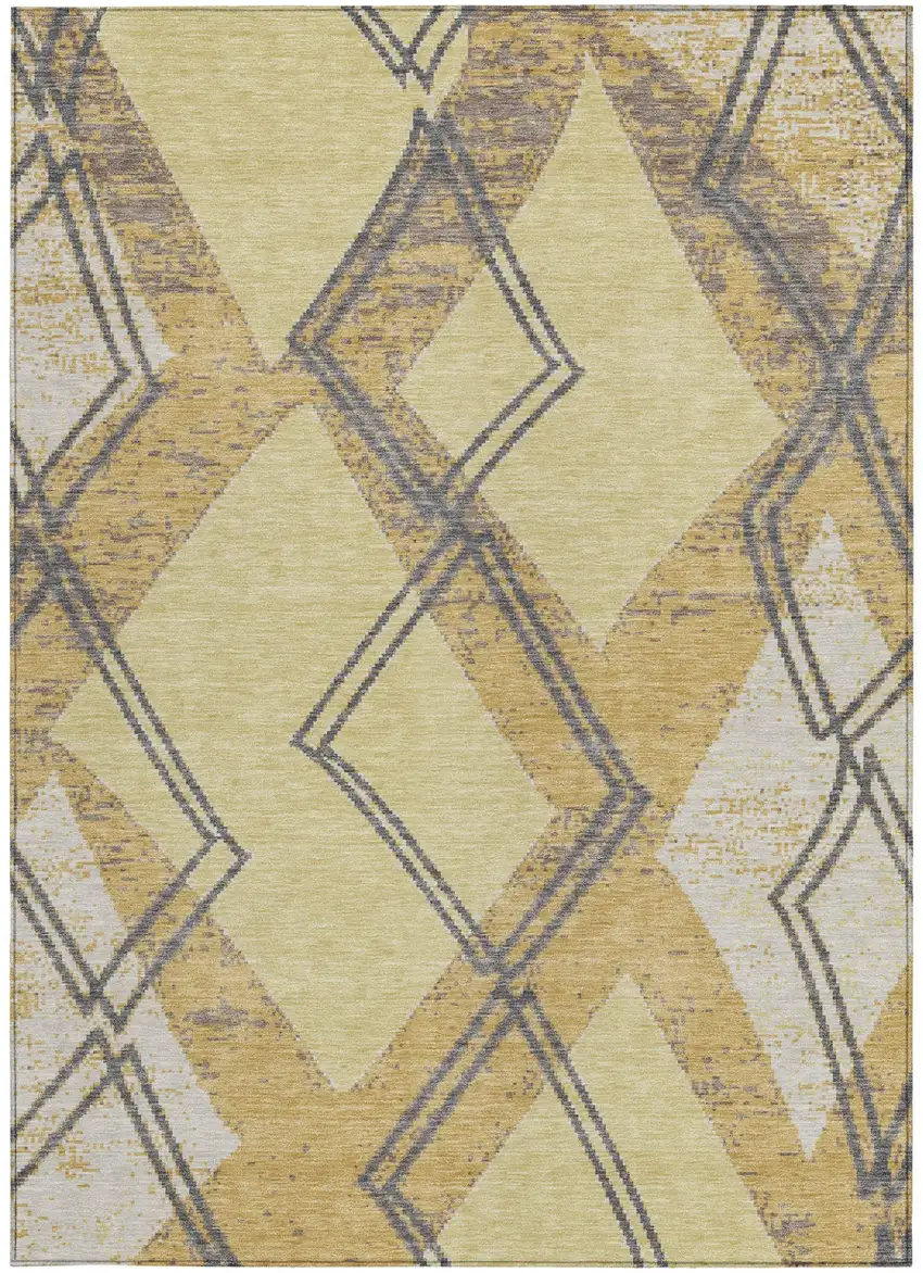Wheat And Gold Geometric Washable Indoor Outdoor Area Rug Photo 3