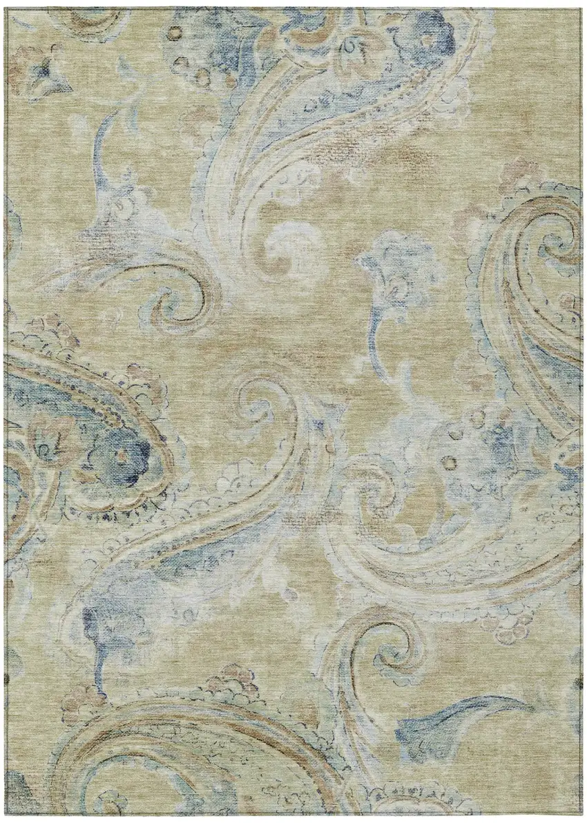 Wheat And Gold Paisley Washable Indoor Outdoor Area Rug Photo 2