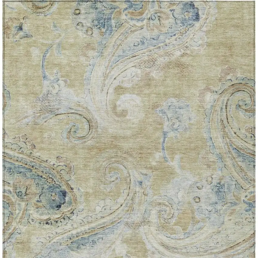 Wheat And Gold Paisley Washable Indoor Outdoor Area Rug Photo 4