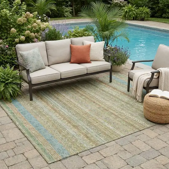 Wheat And Gold Striped Washable Indoor Outdoor Area Rug Photo 1