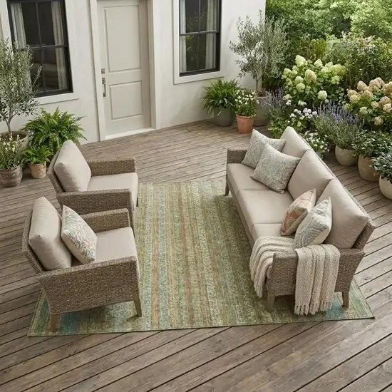 Wheat And Gold Striped Washable Indoor Outdoor Area Rug Photo 1