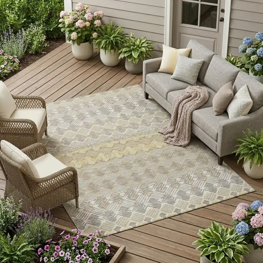 Wheat And Gold Striped Washable Indoor Outdoor Area Rug Photo 1
