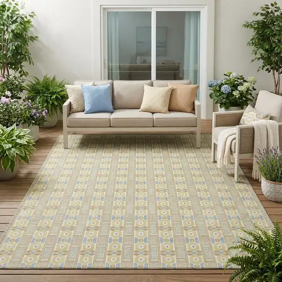 Wheat And Gold Striped Washable Indoor Outdoor Area Rug Photo 1