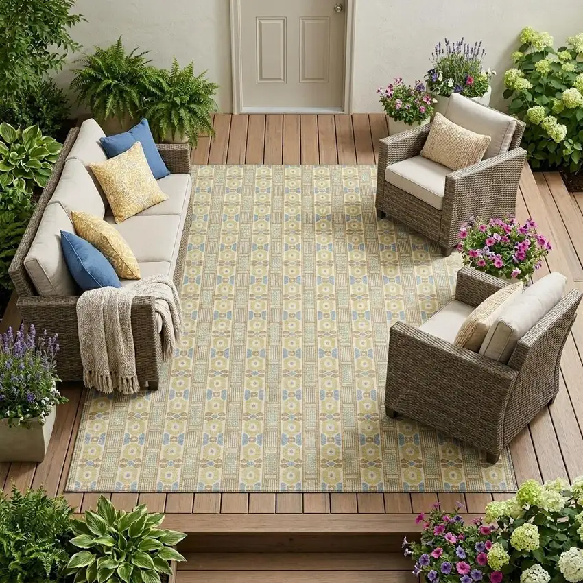 Wheat And Gold Striped Washable Indoor Outdoor Area Rug Photo 1