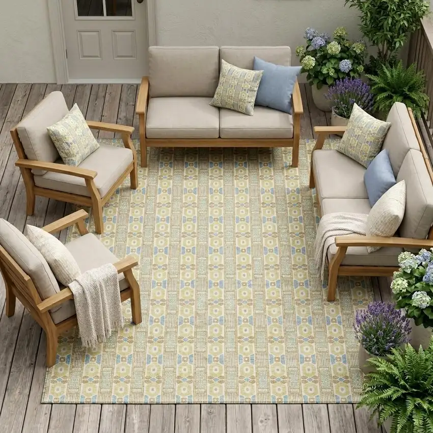 Wheat And Gold Striped Washable Indoor Outdoor Area Rug Photo 1
