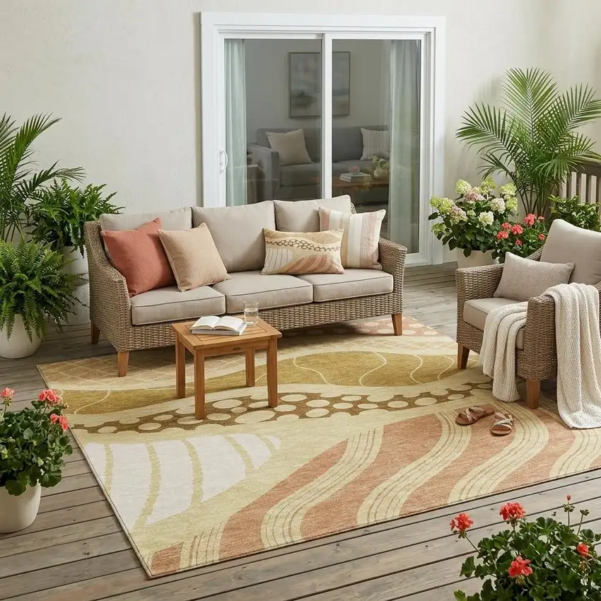 Wheat And Graphite Abstract Washable Indoor Outdoor Area Rug Photo 1