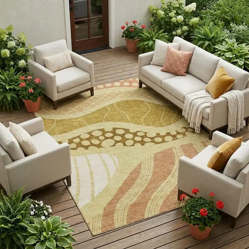 Wheat And Graphite Abstract Washable Indoor Outdoor Area Rug Photo 1