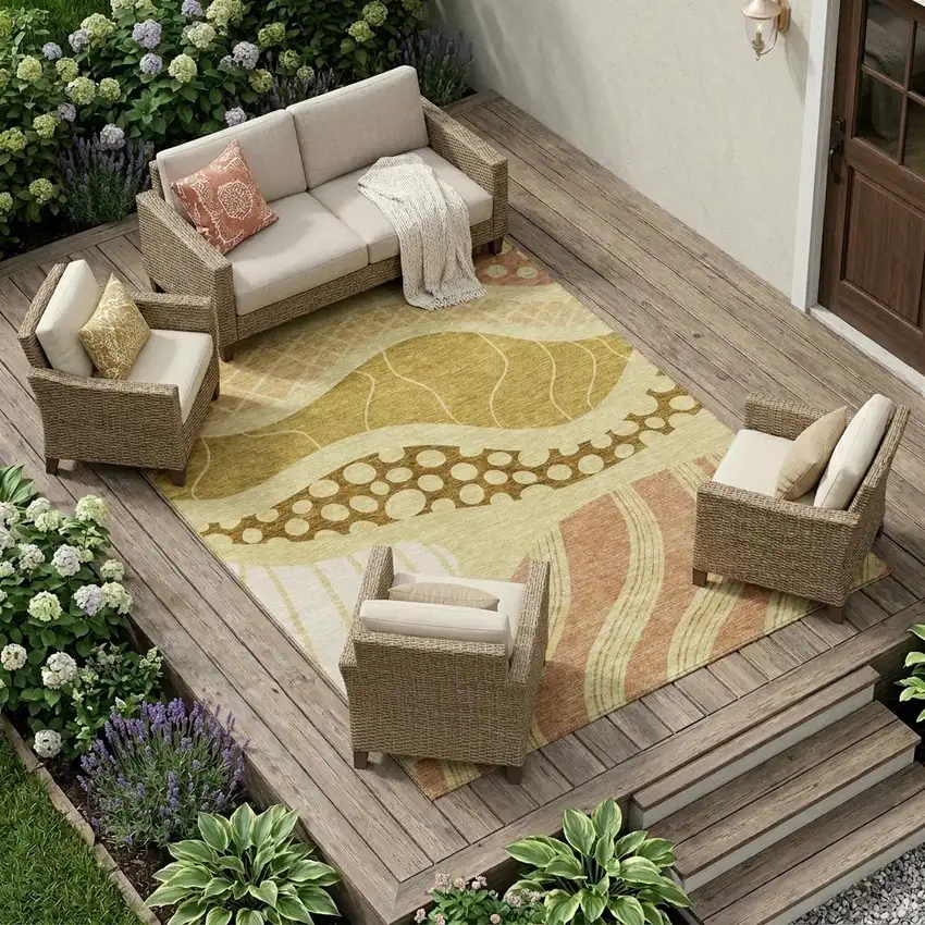 Wheat And Graphite Abstract Washable Indoor Outdoor Area Rug Photo 1