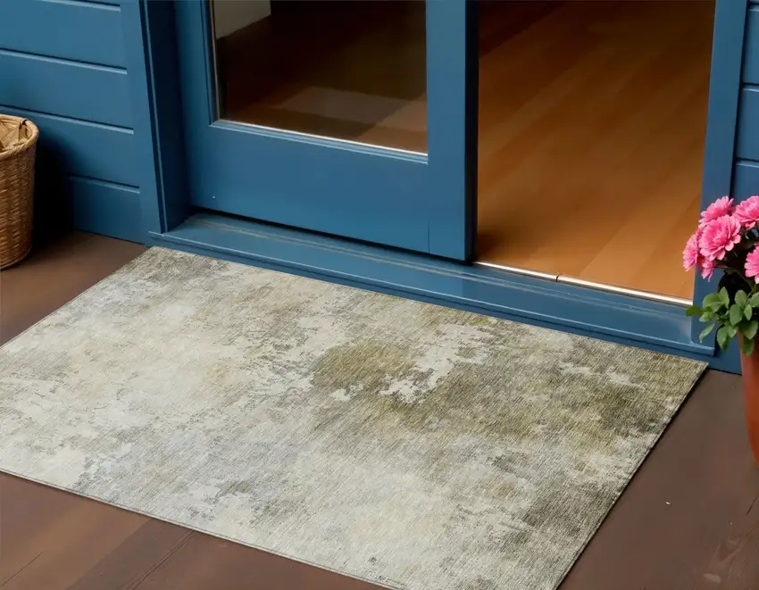 Wheat And Gray Abstract Washable Indoor Outdoor Area Rug Photo 1