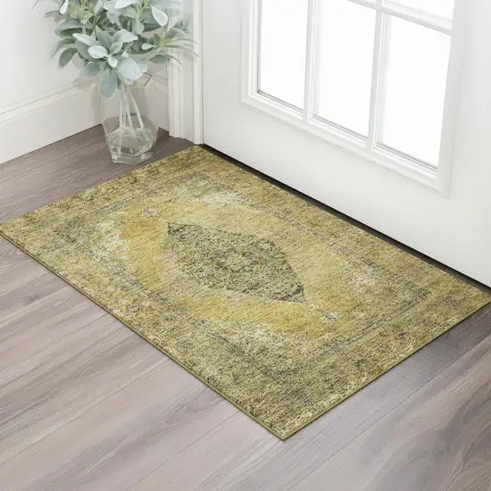 Wheat And Gray Medallion Washable Area Rug With UV Protection Photo 2