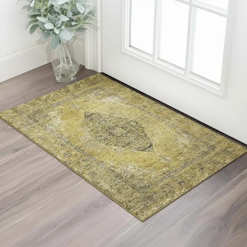 Wheat And Gray Medallion Washable Area Rug With UV Protection Photo 2