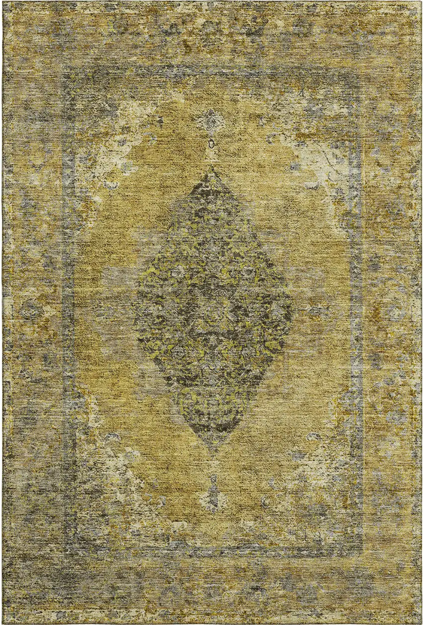 Wheat And Gray Medallion Washable Area Rug With UV Protection Photo 1