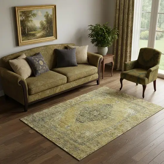 Wheat And Gray Medallion Washable Area Rug With UV Protection Photo 2