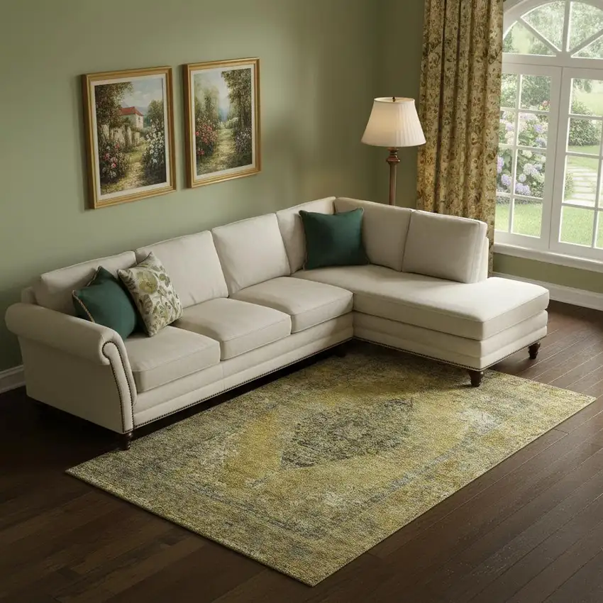 Wheat And Gray Medallion Washable Area Rug With UV Protection Photo 2