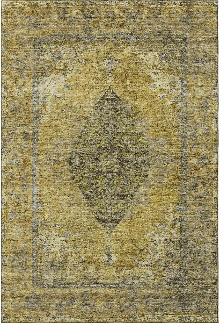 Wheat And Gray Medallion Washable Area Rug With UV Protection Photo 4