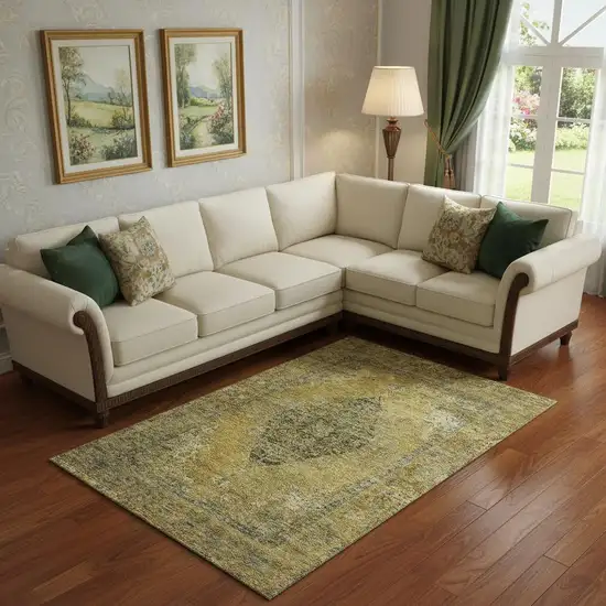 Wheat And Gray Medallion Washable Area Rug With UV Protection Photo 2
