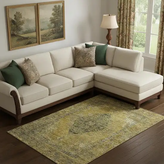 Wheat And Gray Medallion Washable Area Rug With UV Protection Photo 2