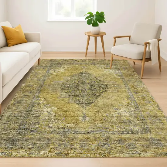 Wheat And Gray Medallion Washable Area Rug With UV Protection Photo 5