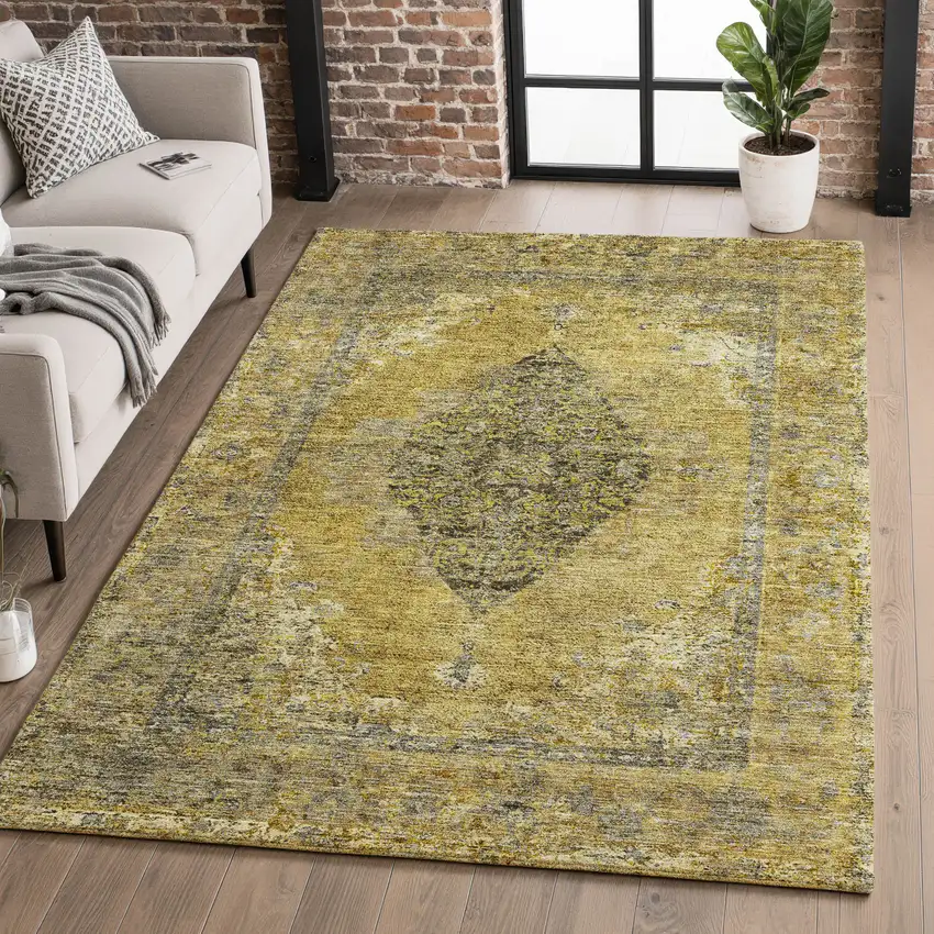 Wheat And Gray Medallion Washable Area Rug With UV Protection Photo 4