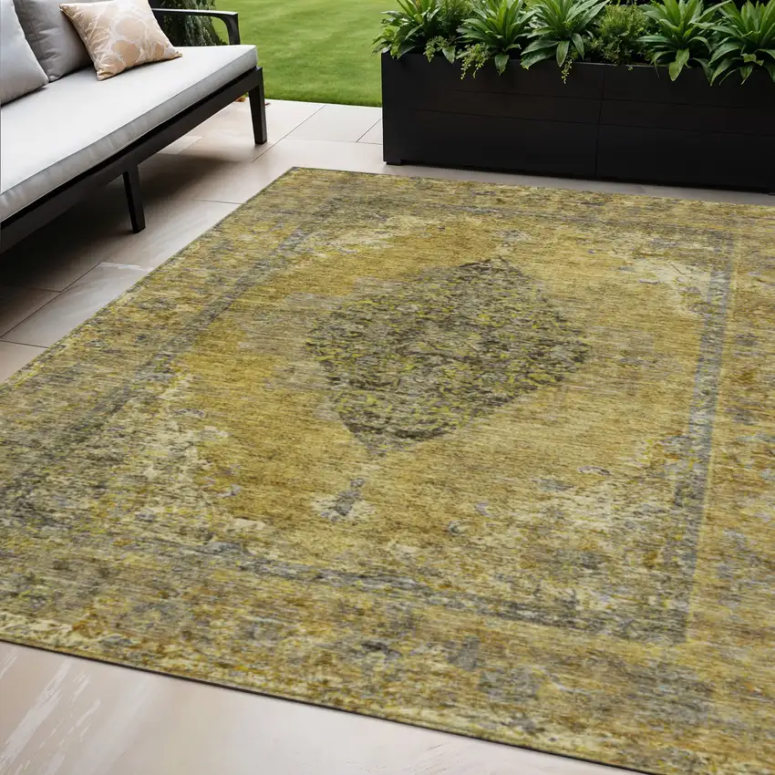 Wheat And Gray Medallion Washable Indoor Outdoor Area Rug Photo 2