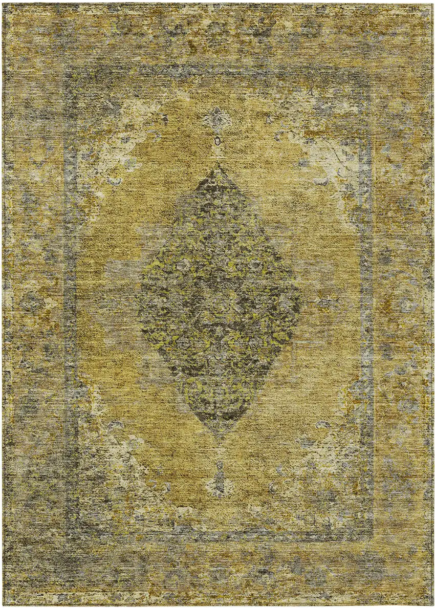 Wheat And Gray Medallion Washable Indoor Outdoor Area Rug Photo 1