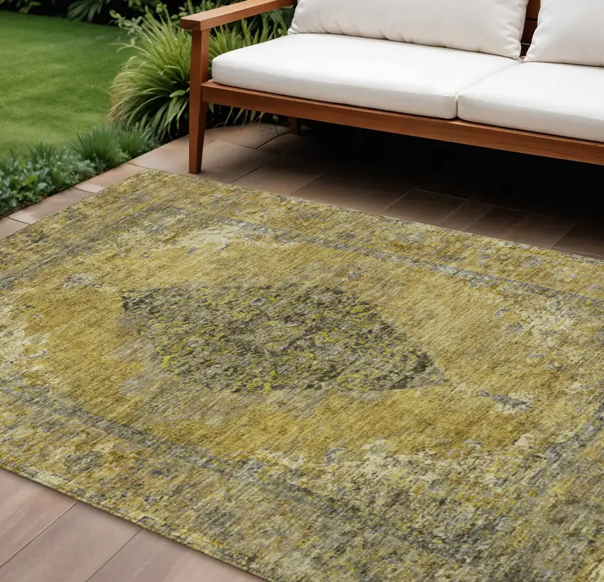 Wheat And Gray Medallion Washable Indoor Outdoor Area Rug Photo 2