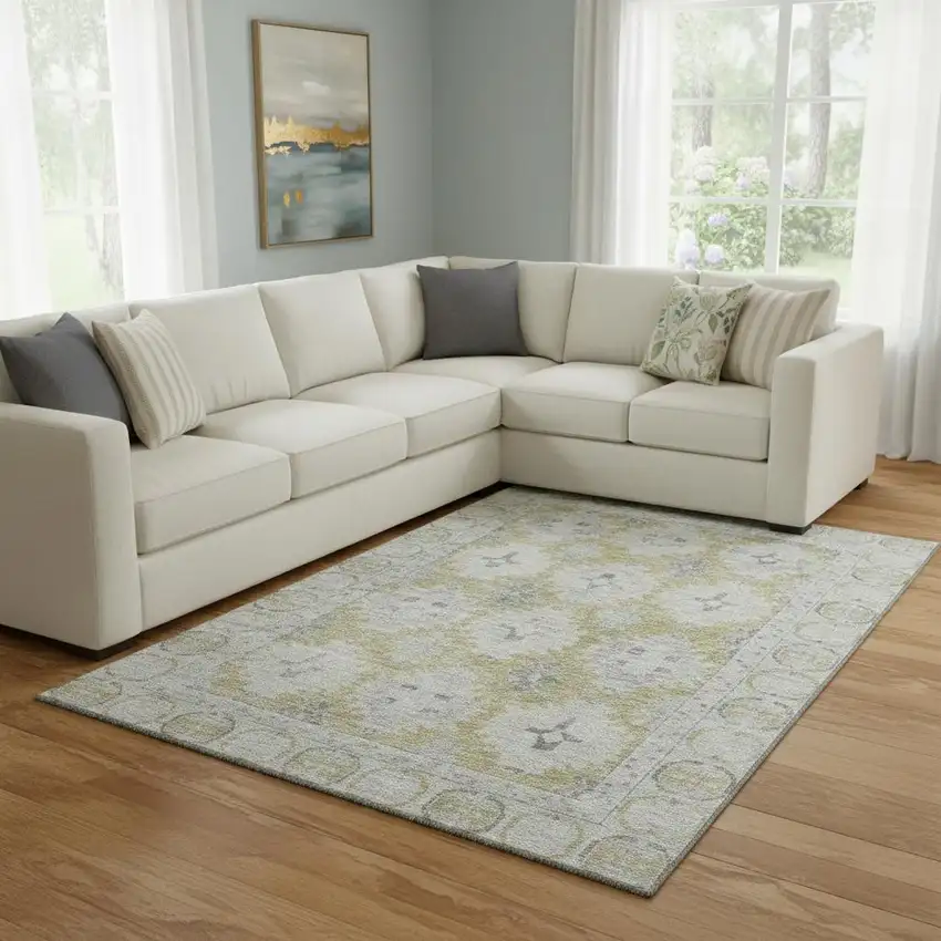 Wheat And Gray Oriental Washable Area Rug With UV Protection Photo 2