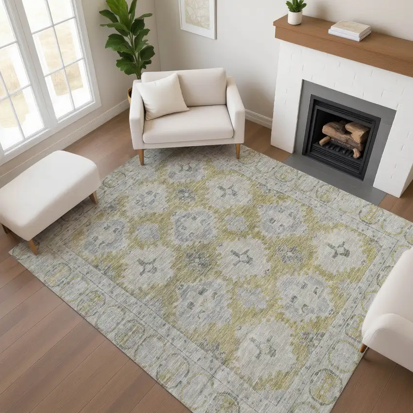 Wheat And Gray Oriental Washable Area Rug With UV Protection Photo 4