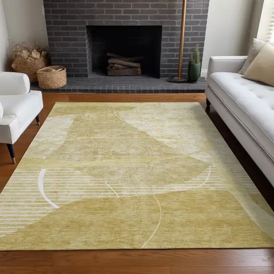 Wheat And Ivory Abstract Geometric Washable Area Rug With UV Protection Photo 4