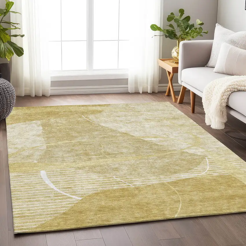 Wheat And Ivory Abstract Geometric Washable Area Rug With UV Protection Photo 4