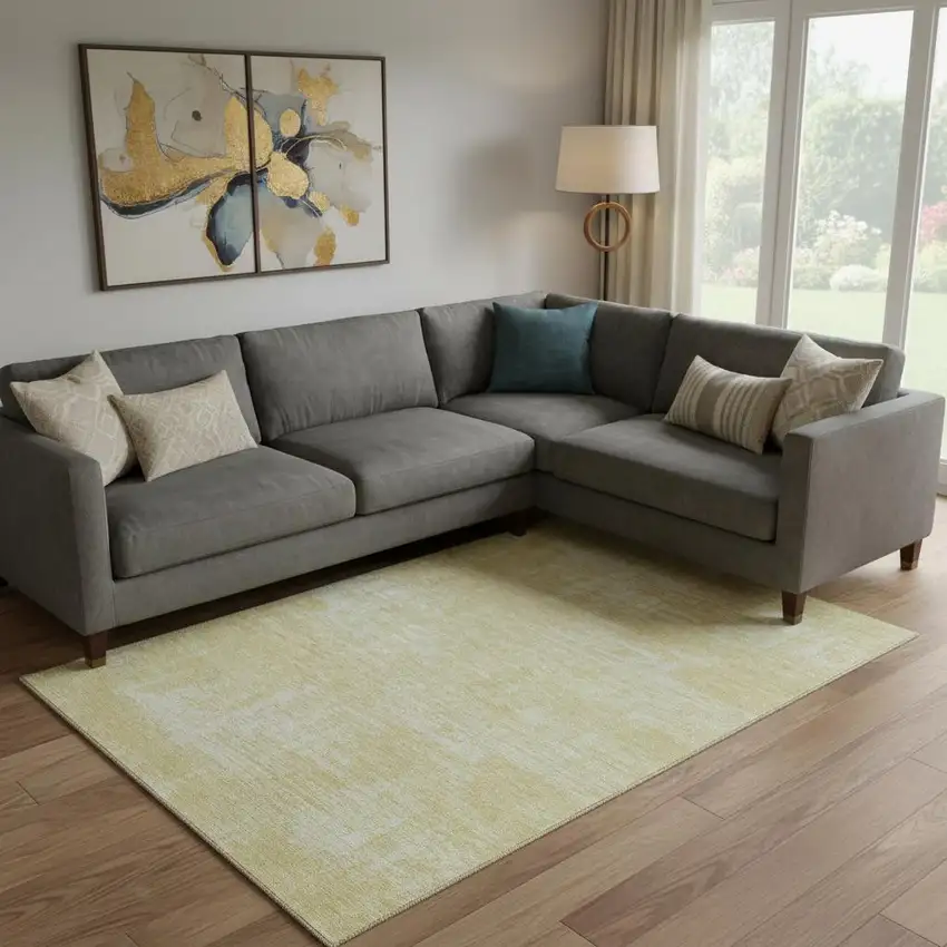 Wheat And Ivory Abstract Washable Area Rug With UV Protection Photo 1