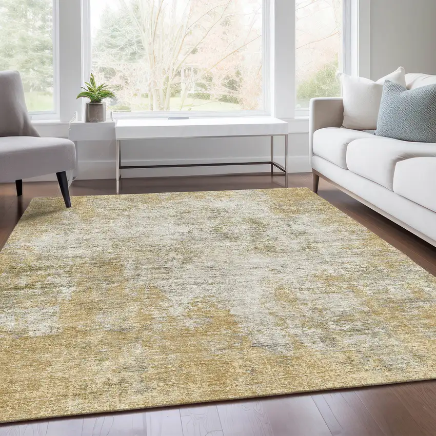 Wheat And Ivory Abstract Washable Area Rug With UV Protection Photo 1