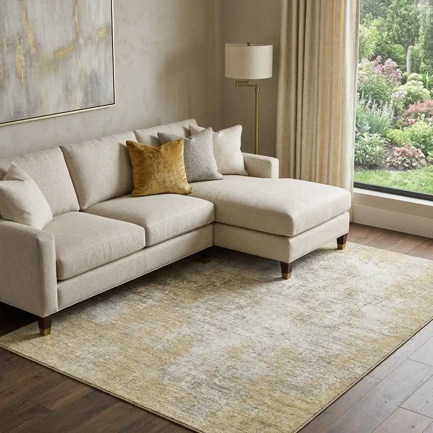 Wheat And Ivory Abstract Washable Area Rug With UV Protection Photo 1