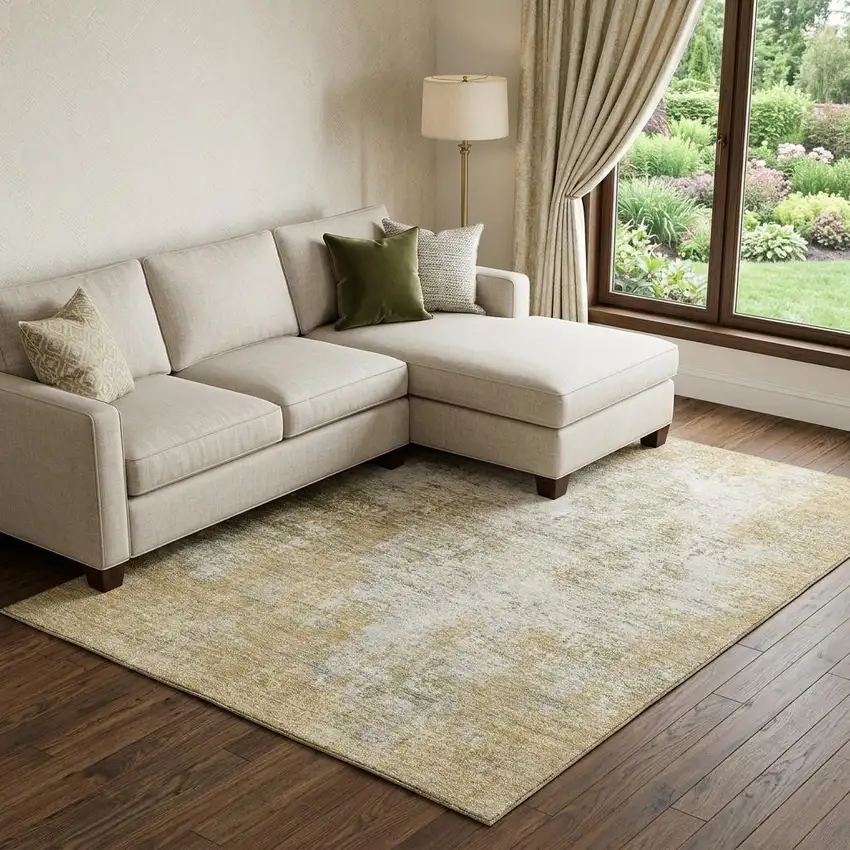 Wheat And Ivory Abstract Washable Area Rug With UV Protection Photo 1