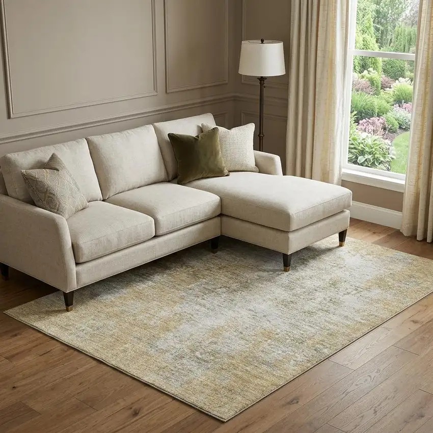 Wheat And Ivory Abstract Washable Area Rug With UV Protection Photo 1