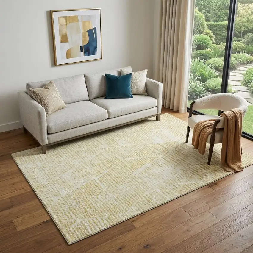 Wheat And Ivory Diamond Washable Area Rug With UV Protection Photo 1