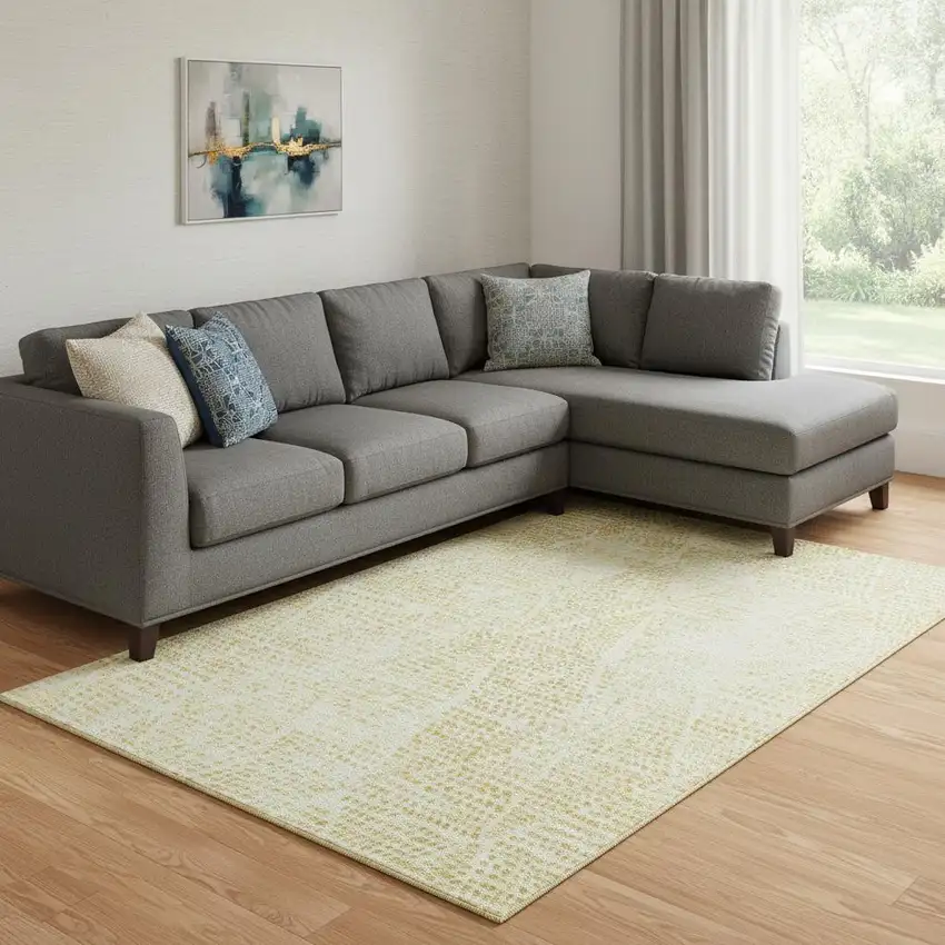 Wheat And Ivory Diamond Washable Area Rug With UV Protection Photo 1