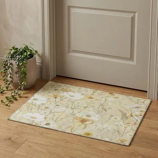 Wheat And Ivory Floral Washable Area Rug With UV Protection Photo 1