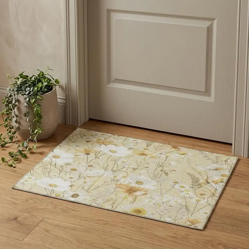 Wheat And Ivory Floral Washable Area Rug With UV Protection Photo 1