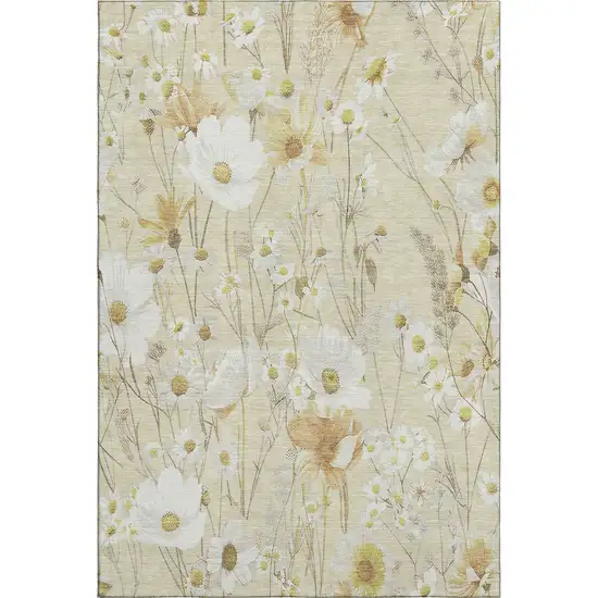 Wheat And Ivory Floral Washable Area Rug With UV Protection Photo 1