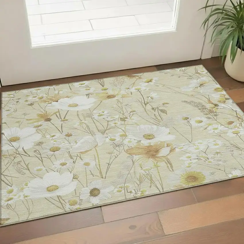 Wheat And Ivory Floral Washable Area Rug With UV Protection Photo 2