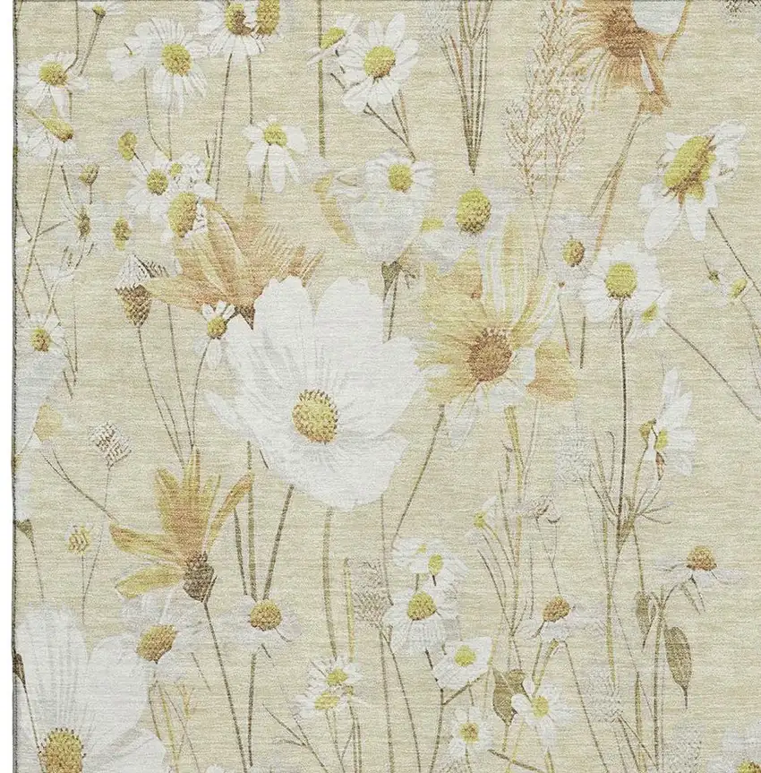 Wheat And Ivory Floral Washable Area Rug With UV Protection Photo 2