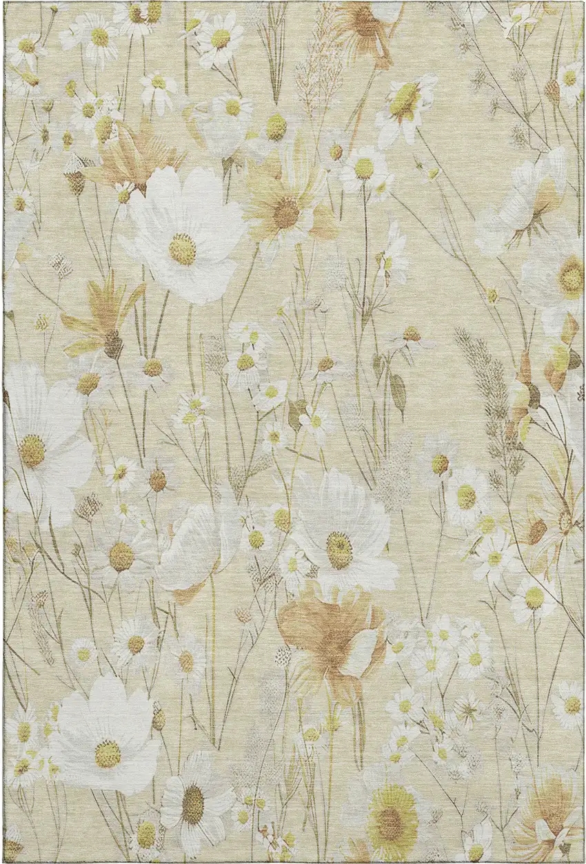 Wheat And Ivory Floral Washable Area Rug With UV Protection Photo 1