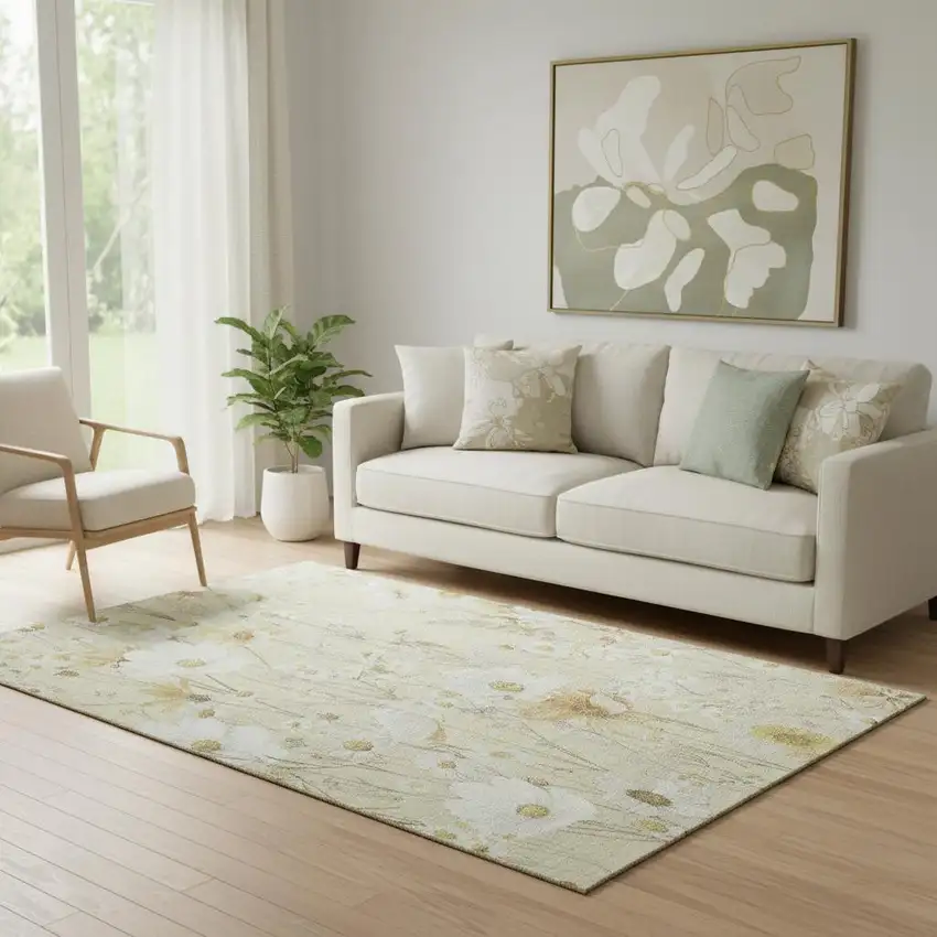 Wheat And Ivory Floral Washable Area Rug With UV Protection Photo 2