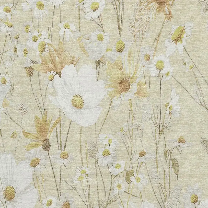 Wheat And Ivory Floral Washable Area Rug With UV Protection Photo 2